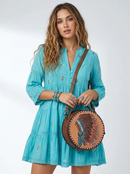 American Darling Handbags - American Darling Boho Feather Head Dress Round Crossbody Canteen Bag